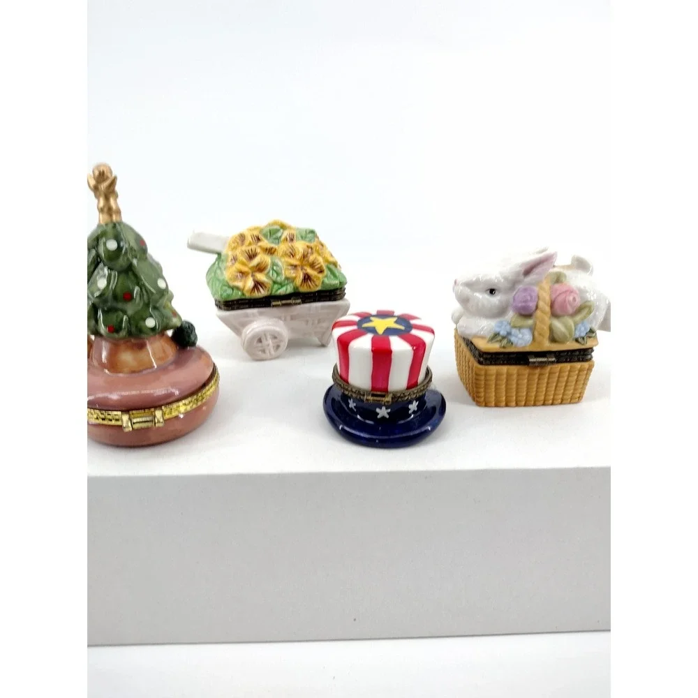 Vintage Porcelain Hinged Trinket Box Lot Christmas Bunny Patriotic Floral 4pc